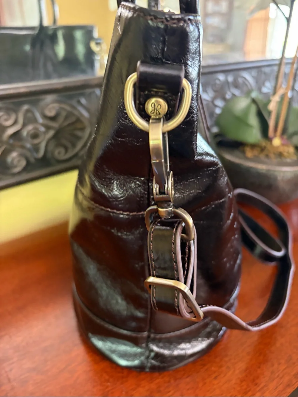 HOBO Maggie Satchel/Crossbody Polished Black Leather And Sleek Handles